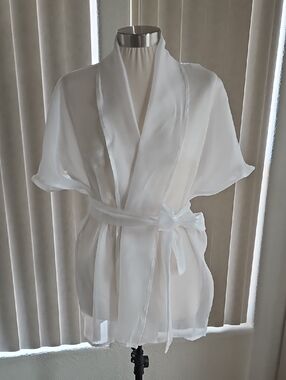Sheer White Satin-Trim Short Robe with Tie Belt